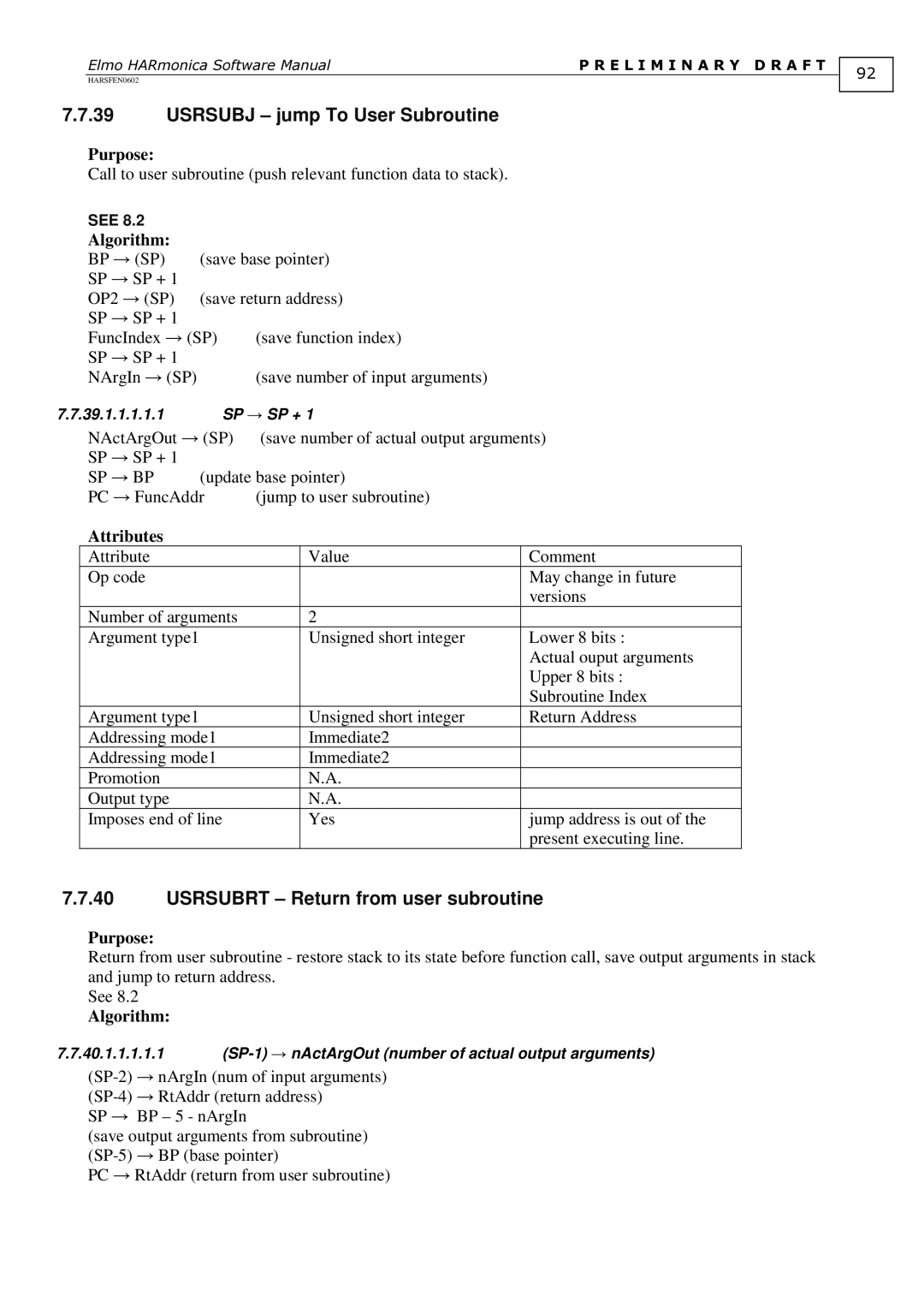 Elmo HARmonica, HARSFEN0602 software manual Usrsubj jump To User Subroutine, Usrsubrt Return from user subroutine, OP2 