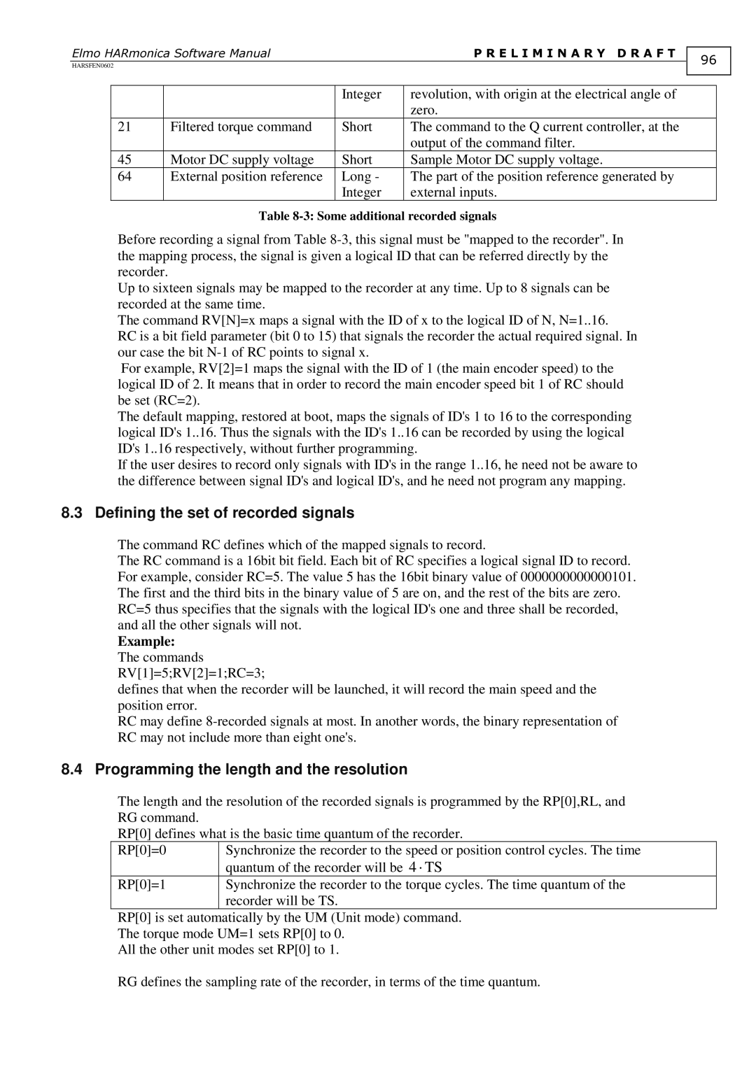 Elmo HARmonica, HARSFEN0602 software manual Defining the set of recorded signals, Programming the length and the resolution 