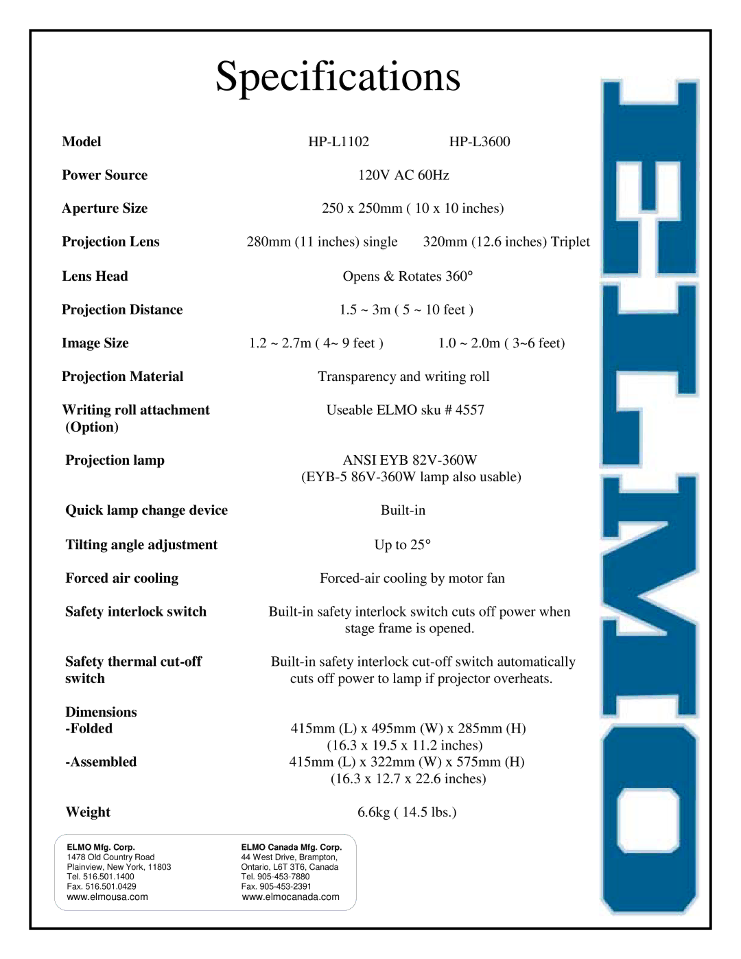 Elmo HP-L3600, HP-L1102 manual Specifications, Elmo Mfg. Corp 