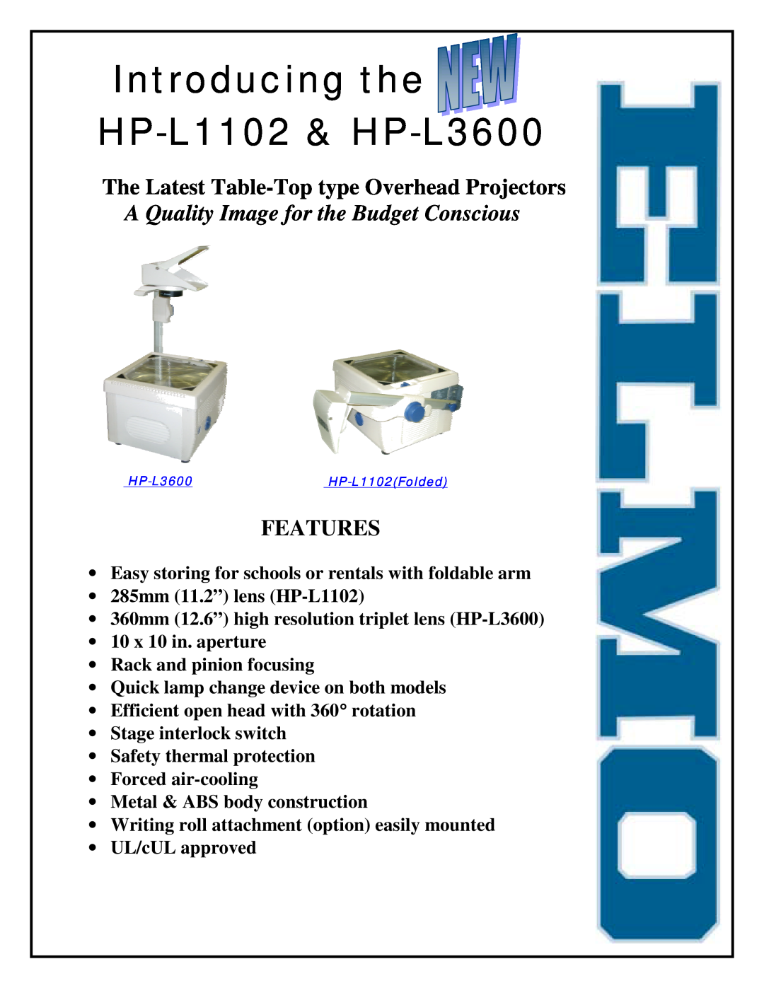 Elmo manual Introducing the HP-L1102 & HP-L3600, Features 