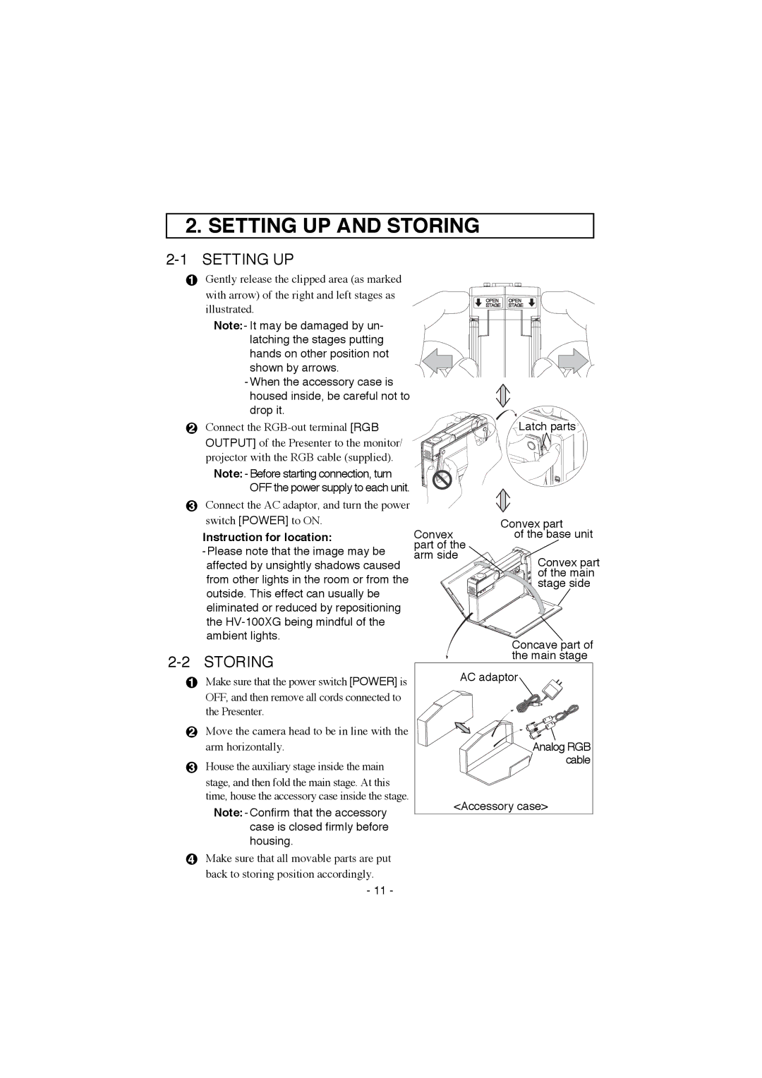 Elmo HV-100XG instruction manual Setting UP and Storing 