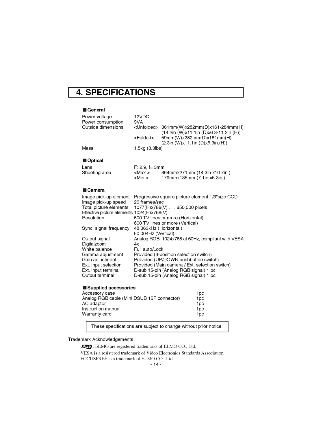 Elmo HV-100XG instruction manual Specifications, 12VDC, 9VA 