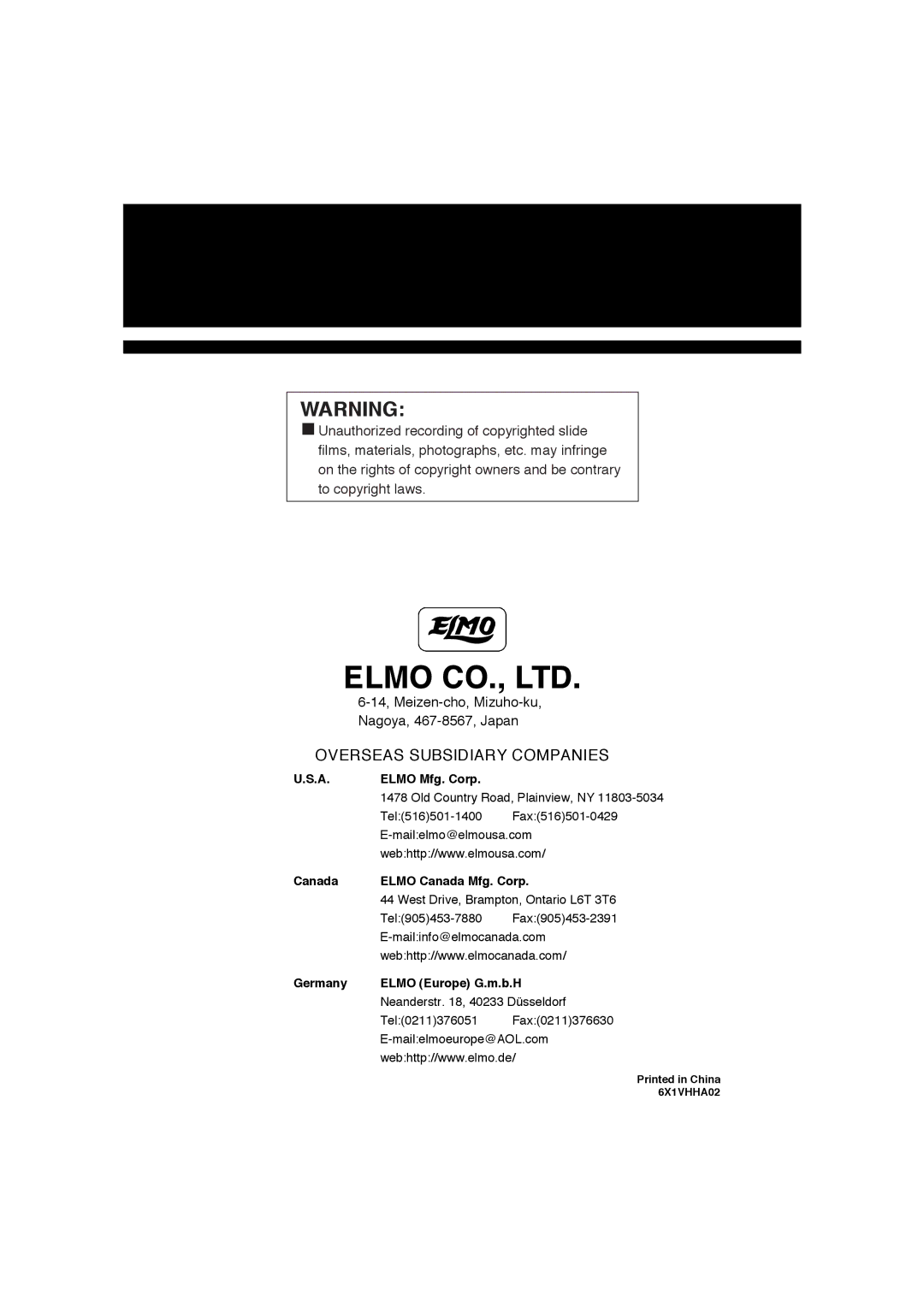 Elmo HV-100XG instruction manual Overseas Subsidiary Companies 