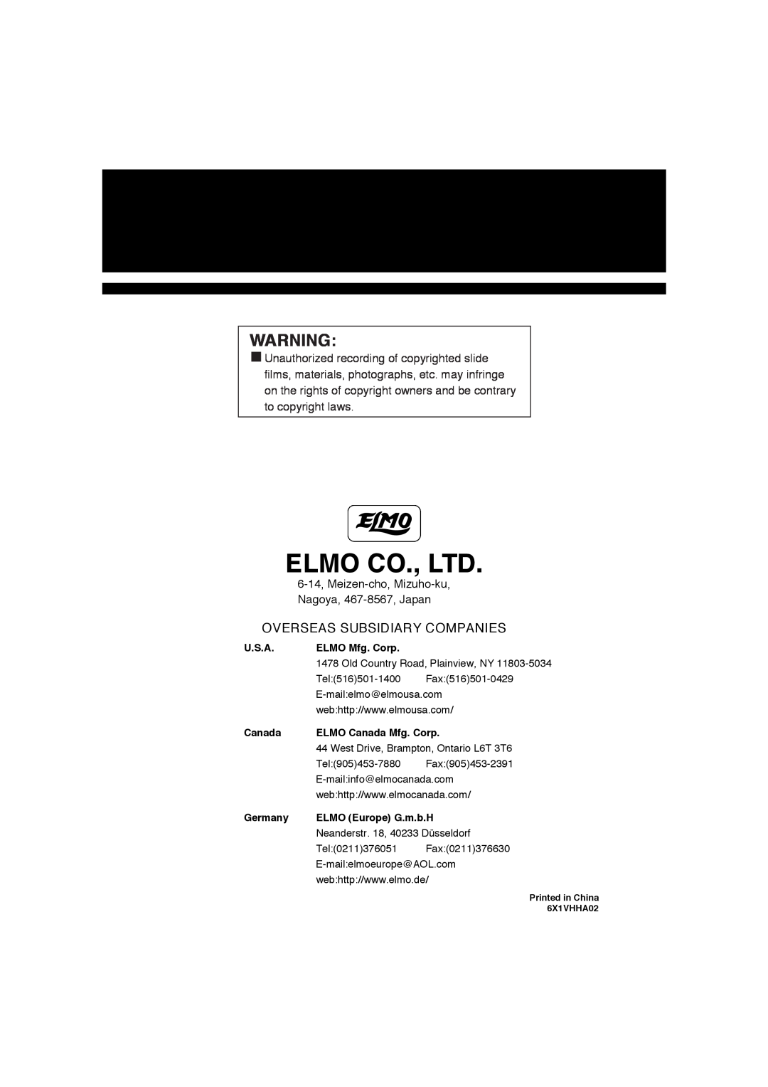 Elmo HV-100XG instruction manual Overseas Subsidiary Companies 