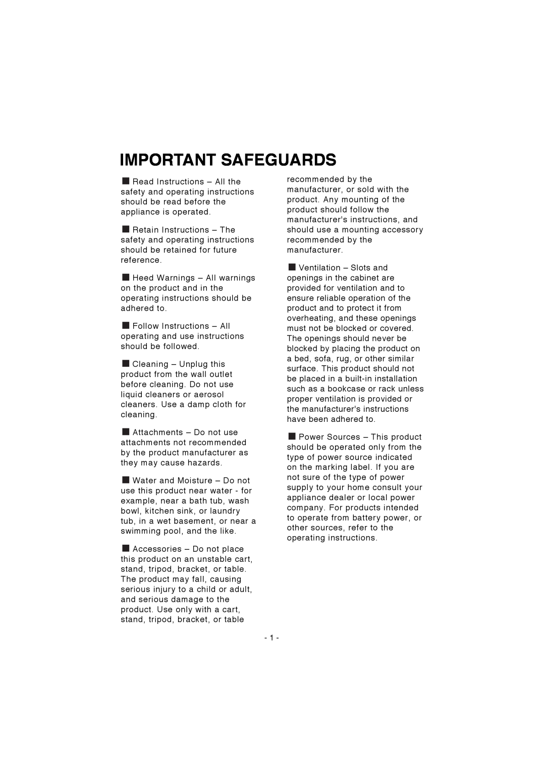 Elmo HV-100XG instruction manual Important Safeguards 