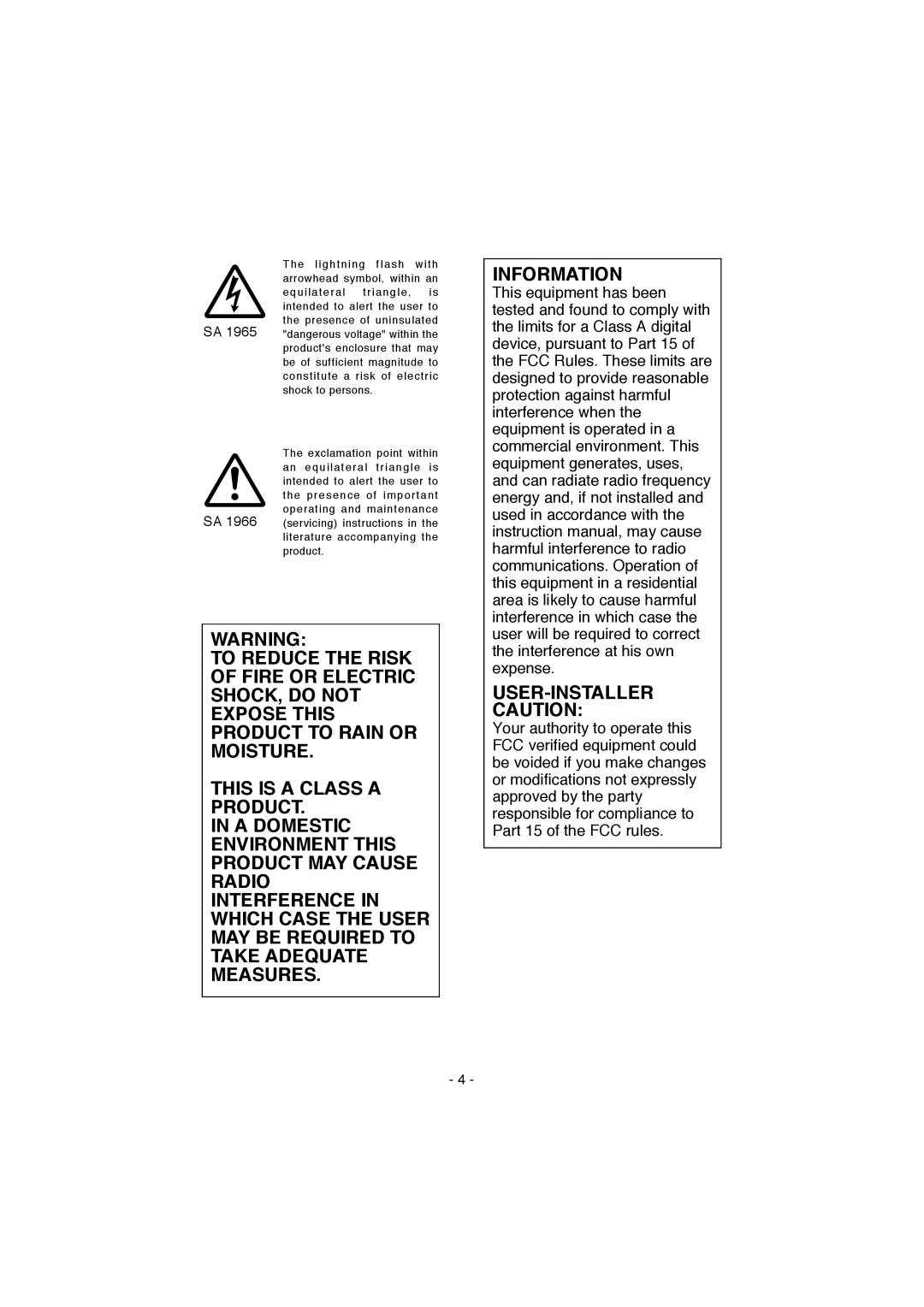 Elmo HV-100XG instruction manual This Is A Class A Product, Information, User-Installer 