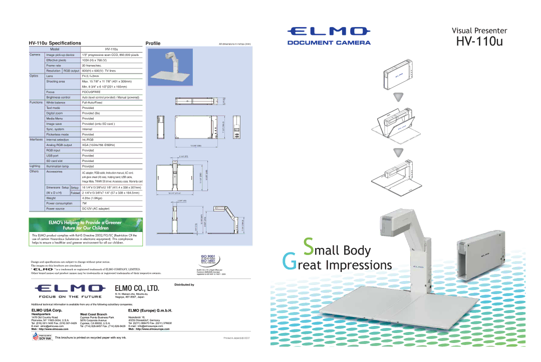 Elmo HV-110U specifications HV-110u 