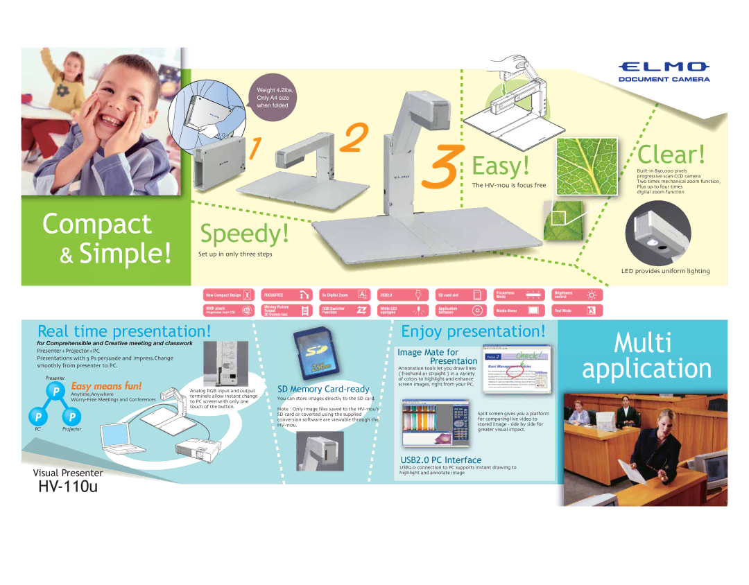 Elmo HV-110U specifications Speedy, Easy, Clear, Real time presentation, Enjoy presentation 