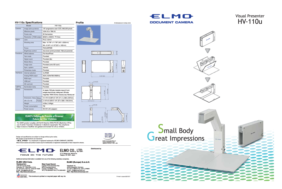 Elmo HV-110U specifications Small Body Great Impressions, Visual Presenter, HV-110u Specifications, Profile, Model 