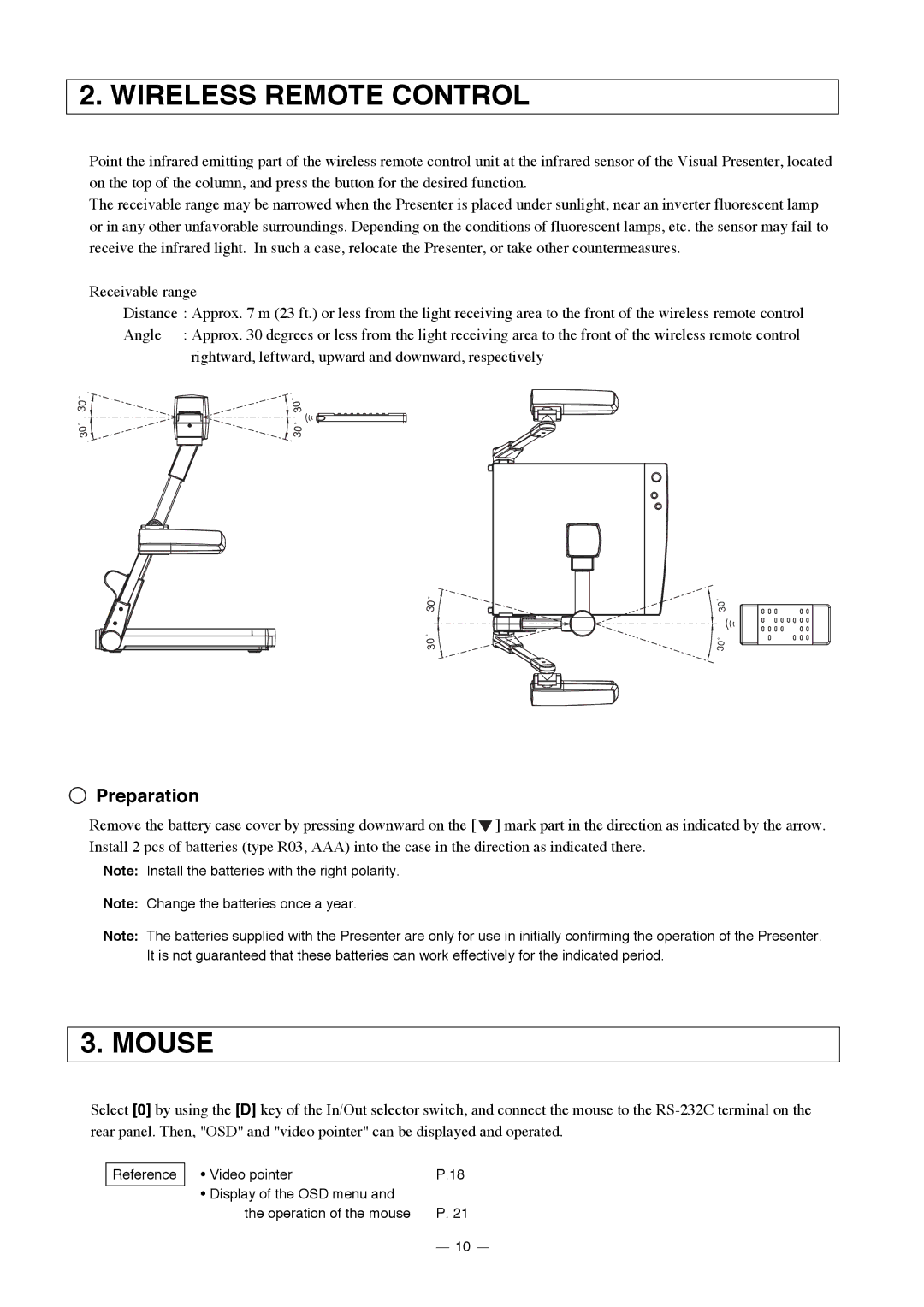 Elmo HV-3000XG instruction manual Wireless Remote Control, Mouse, Preparation 