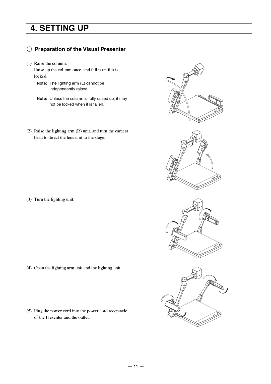 Elmo HV-3000XG instruction manual Setting UP, Preparation of the Visual Presenter 