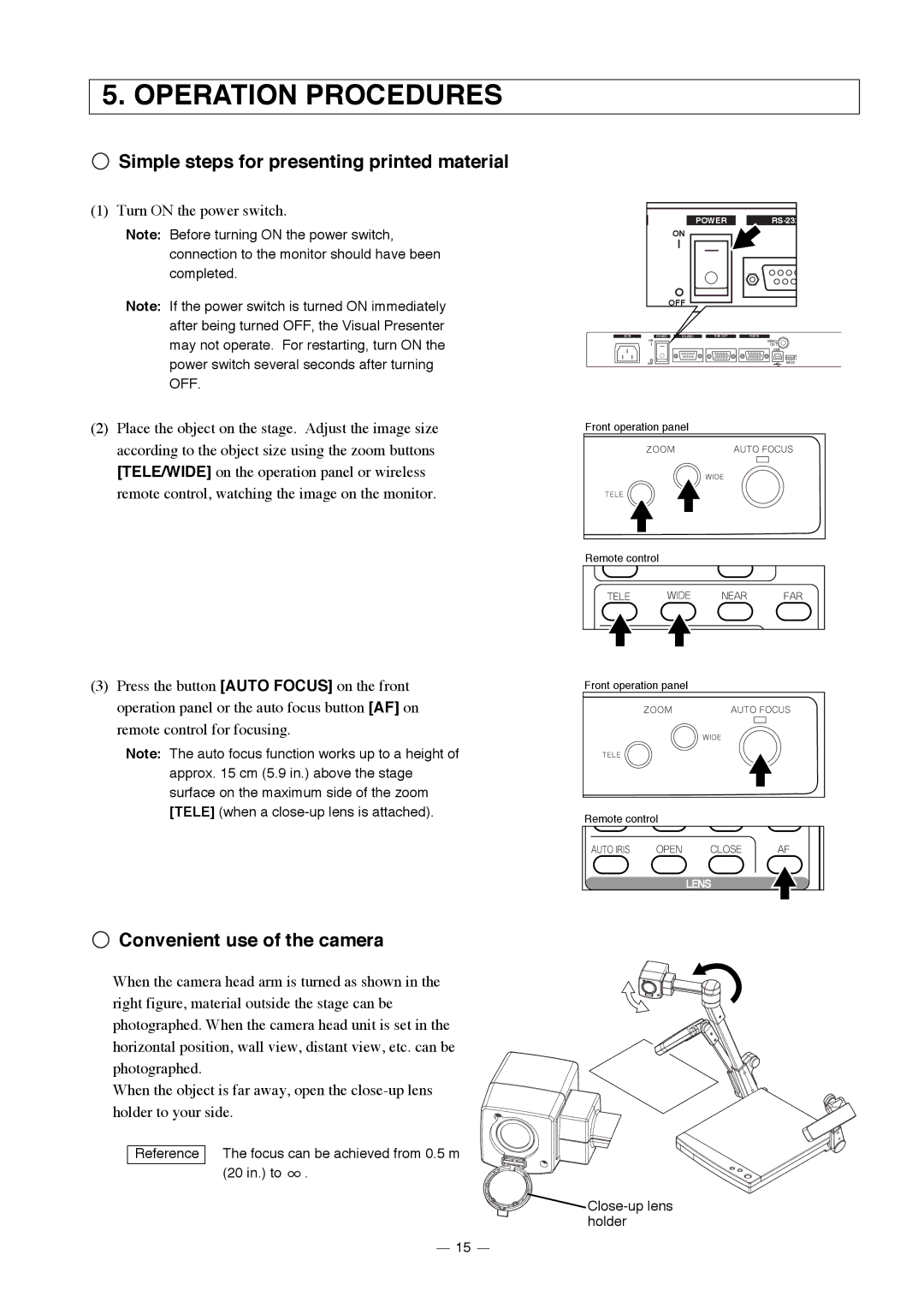 Elmo HV-3000XG Operation Procedures, Simple steps for presenting printed material, Convenient use of the camera 