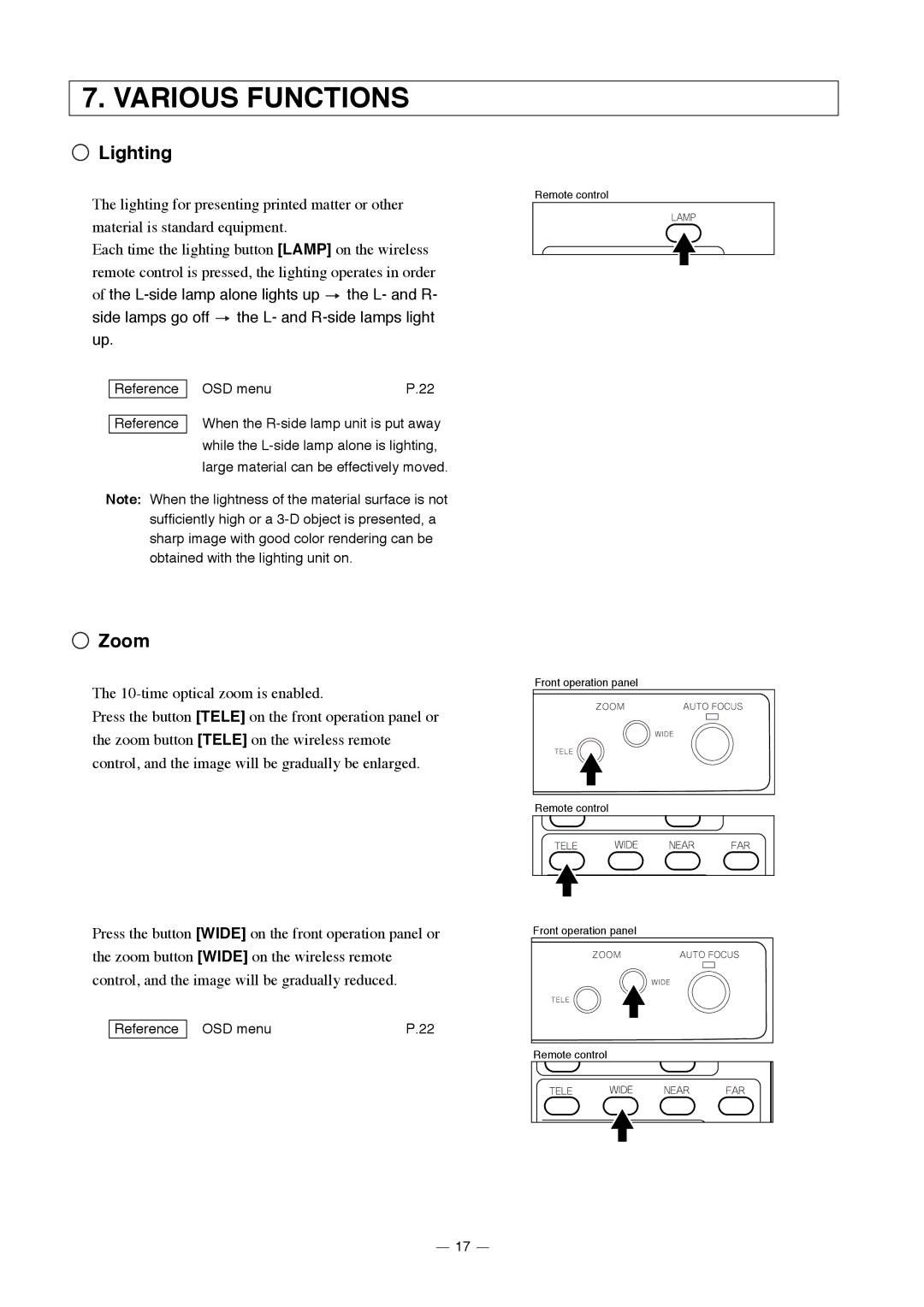 Elmo HV-3000XG instruction manual Various Functions, Lighting, Zoom 