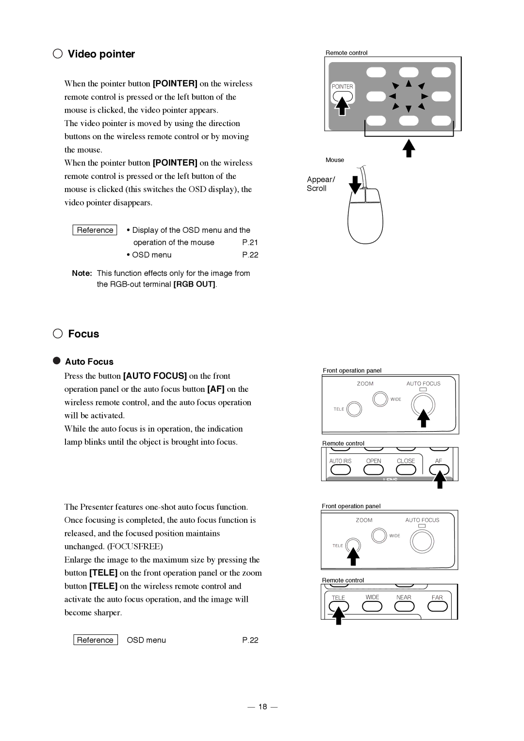 Elmo HV-3000XG instruction manual Video pointer, Auto Focus 