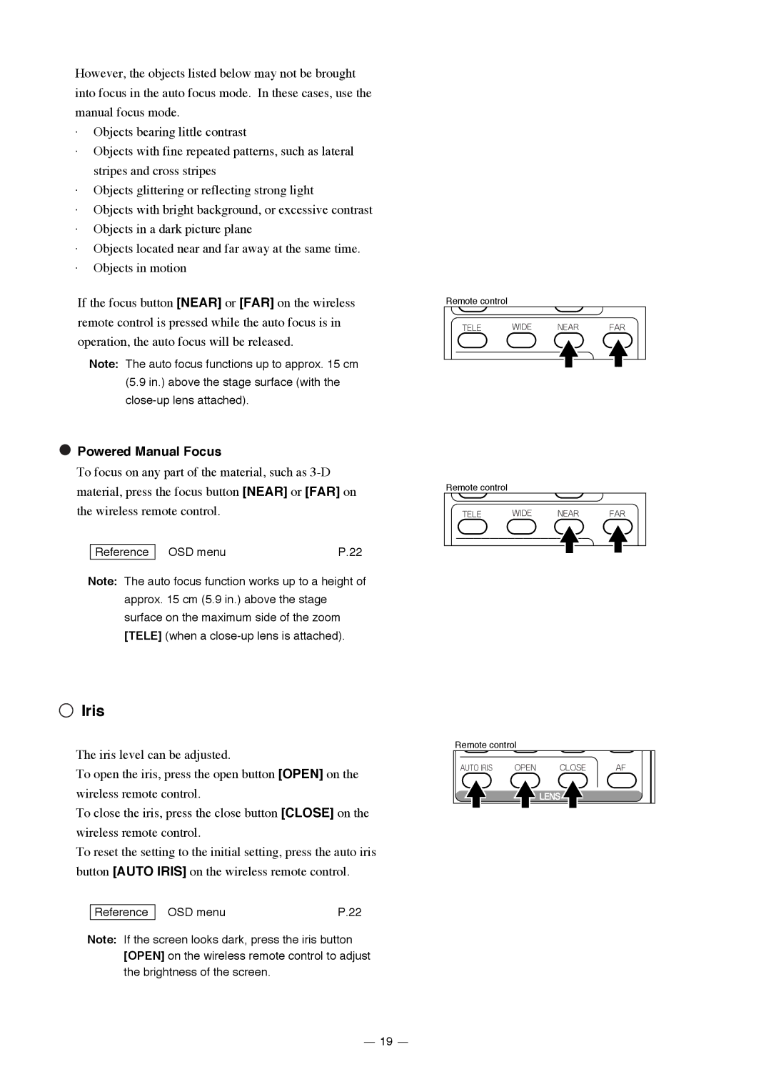 Elmo HV-3000XG instruction manual Iris, Powered Manual Focus 