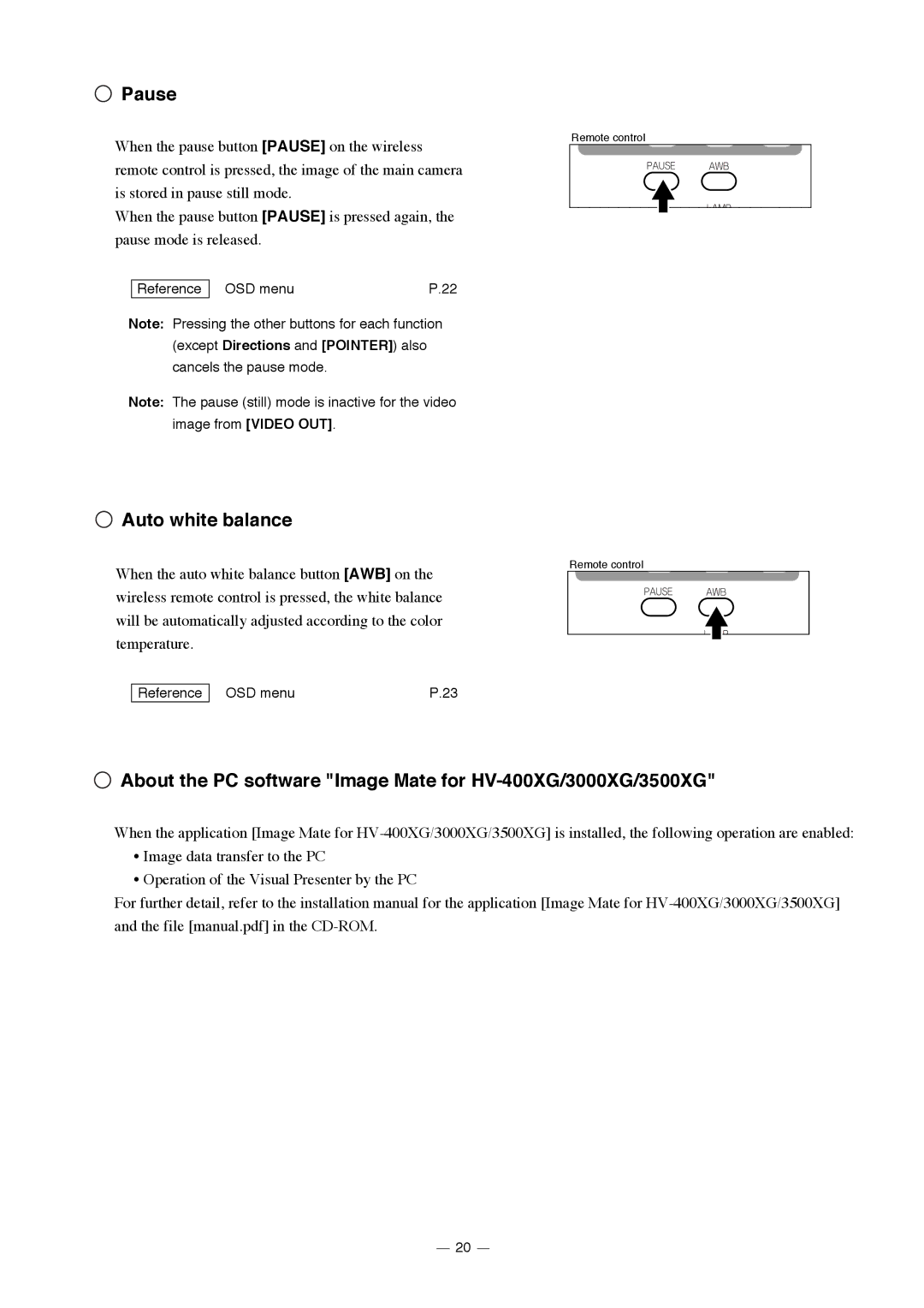 Elmo HV-3000XG instruction manual Pause, Auto white balance, About the PC software Image Mate for HV-400XG/3000XG/3500XG 