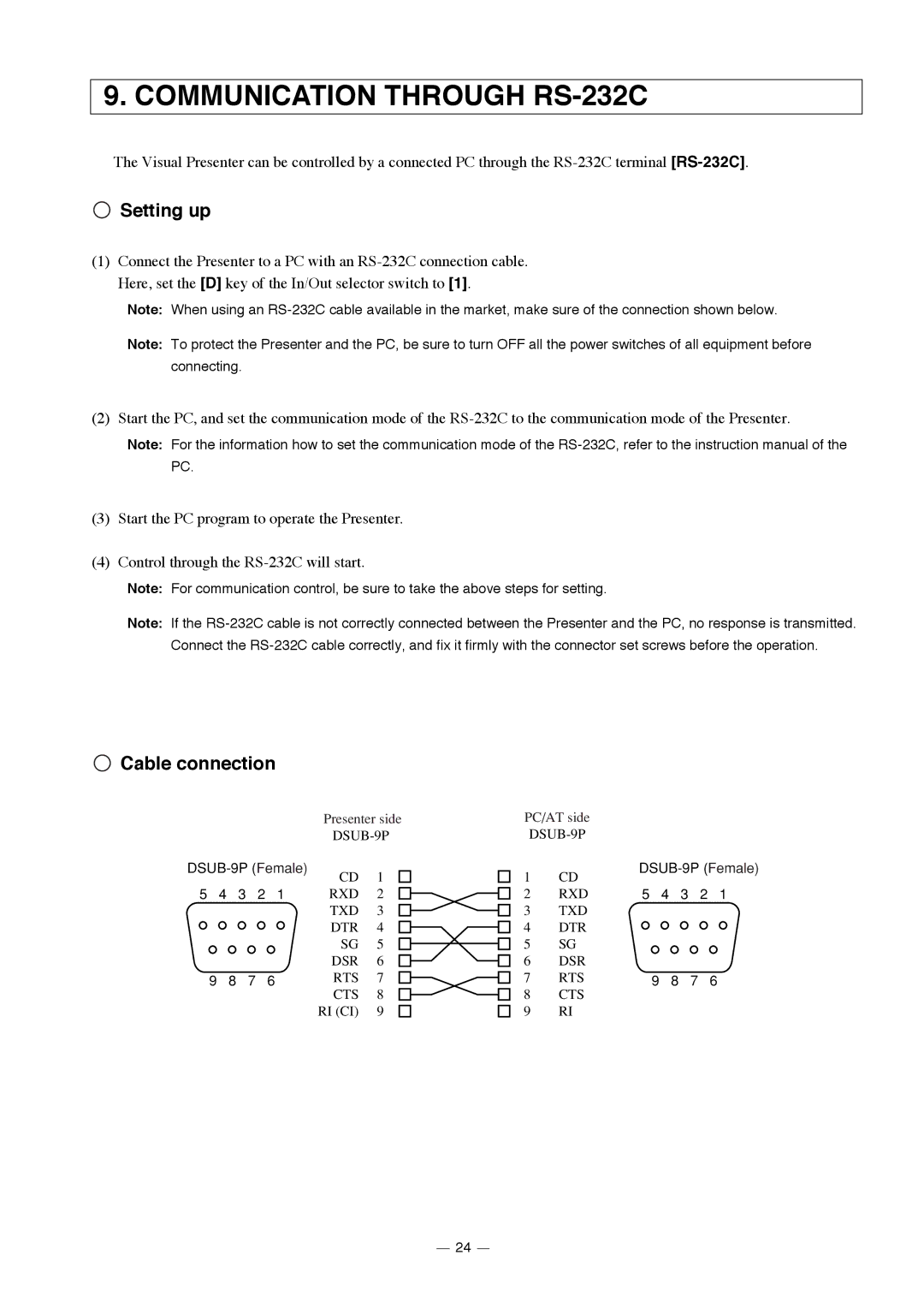 Elmo HV-3000XG instruction manual Communication Through RS-232C, Cable connection 