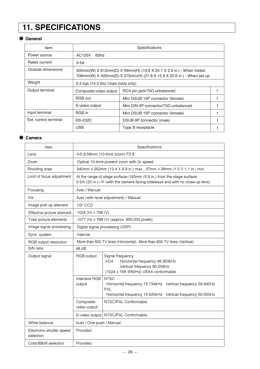 Elmo HV-3000XG instruction manual Specifications, General, Camera 