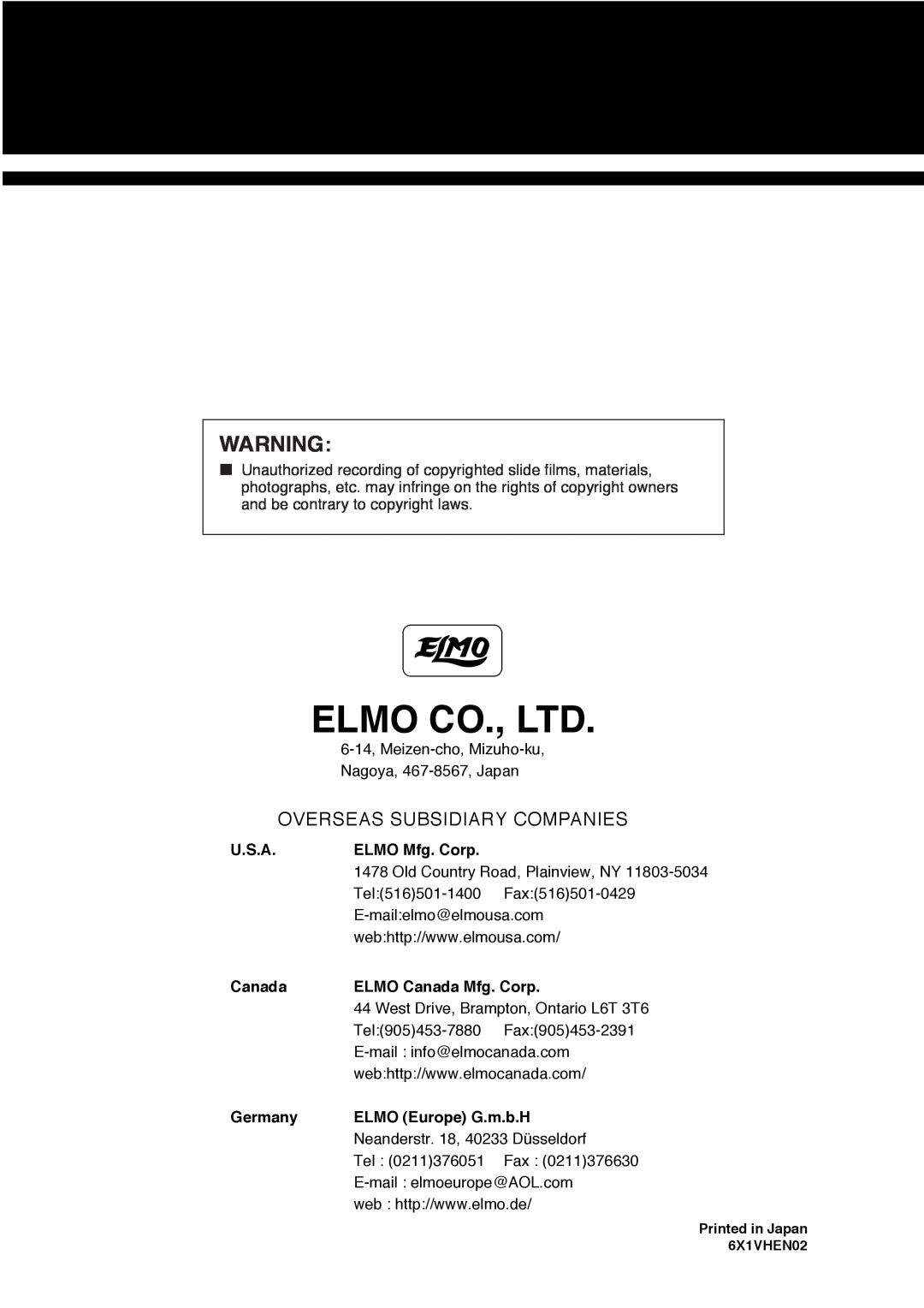 Elmo HV-3000XG instruction manual U.S.A, ELMO Mfg. Corp, ELMO Canada Mfg. Corp, Germany, ELMO Europe G.m.b.H 