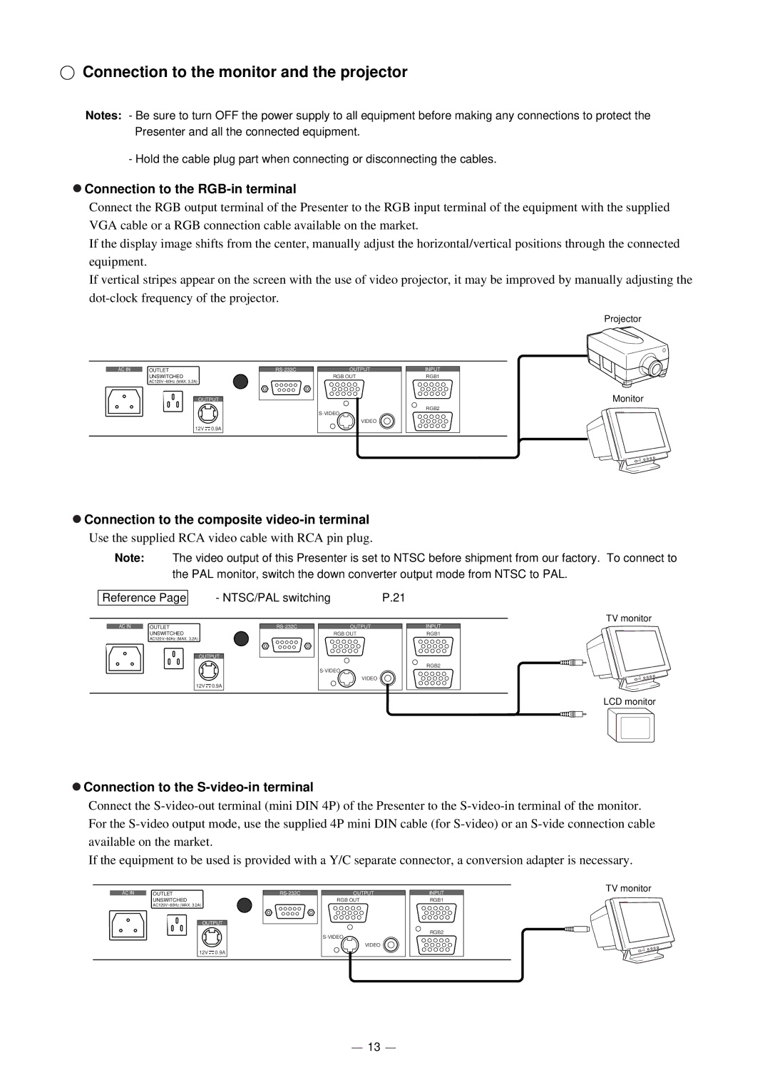 Elmo HV-5000XG instruction manual Connection to the monitor and the projector, Connection to the RGB-in terminal 