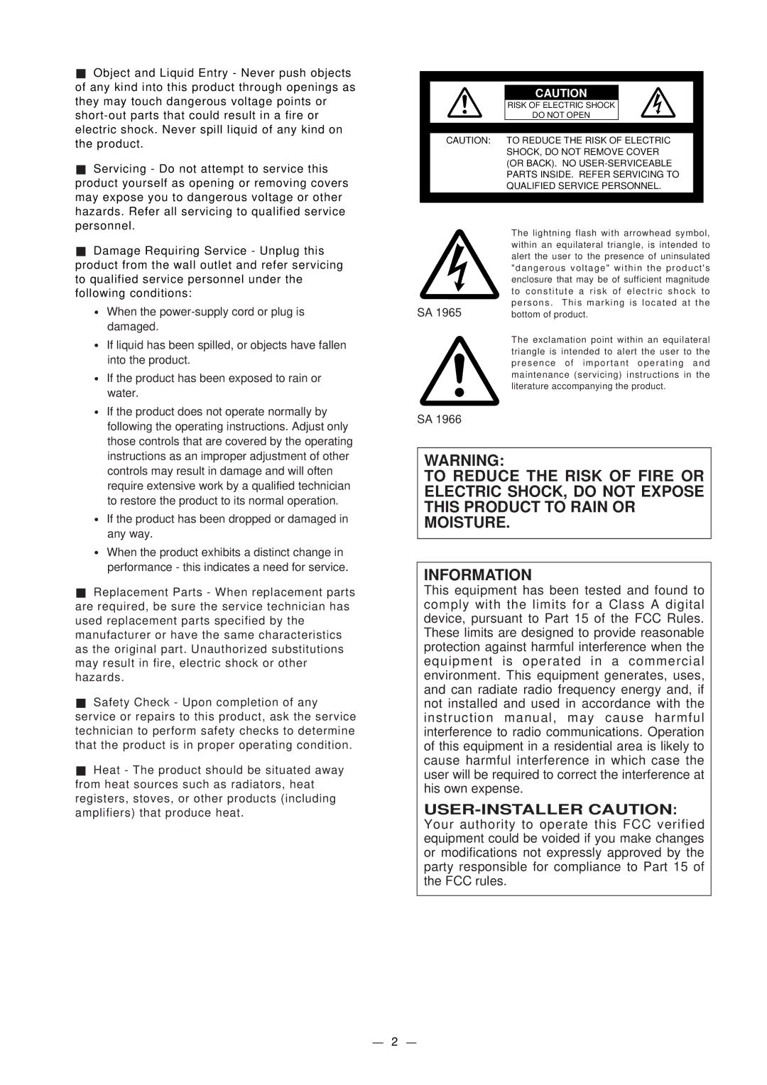 Elmo HV-5000XG instruction manual USER-INSTALLER Caution 