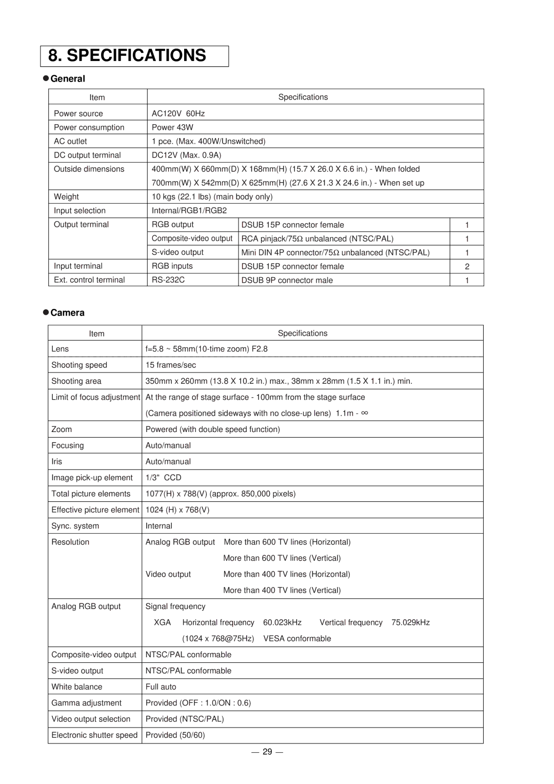 Elmo HV-5000XG instruction manual Specifications, General, Camera 