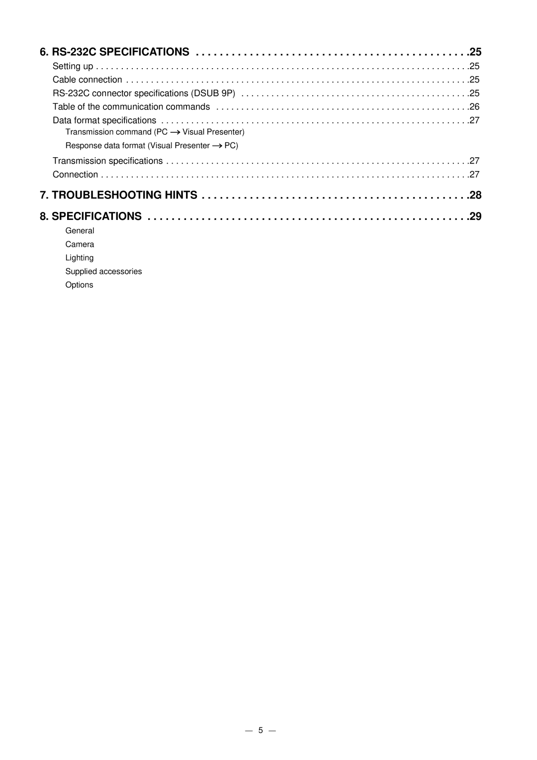 Elmo HV-5000XG instruction manual RS-232C Specifications, Troubleshooting Hints Specifications 