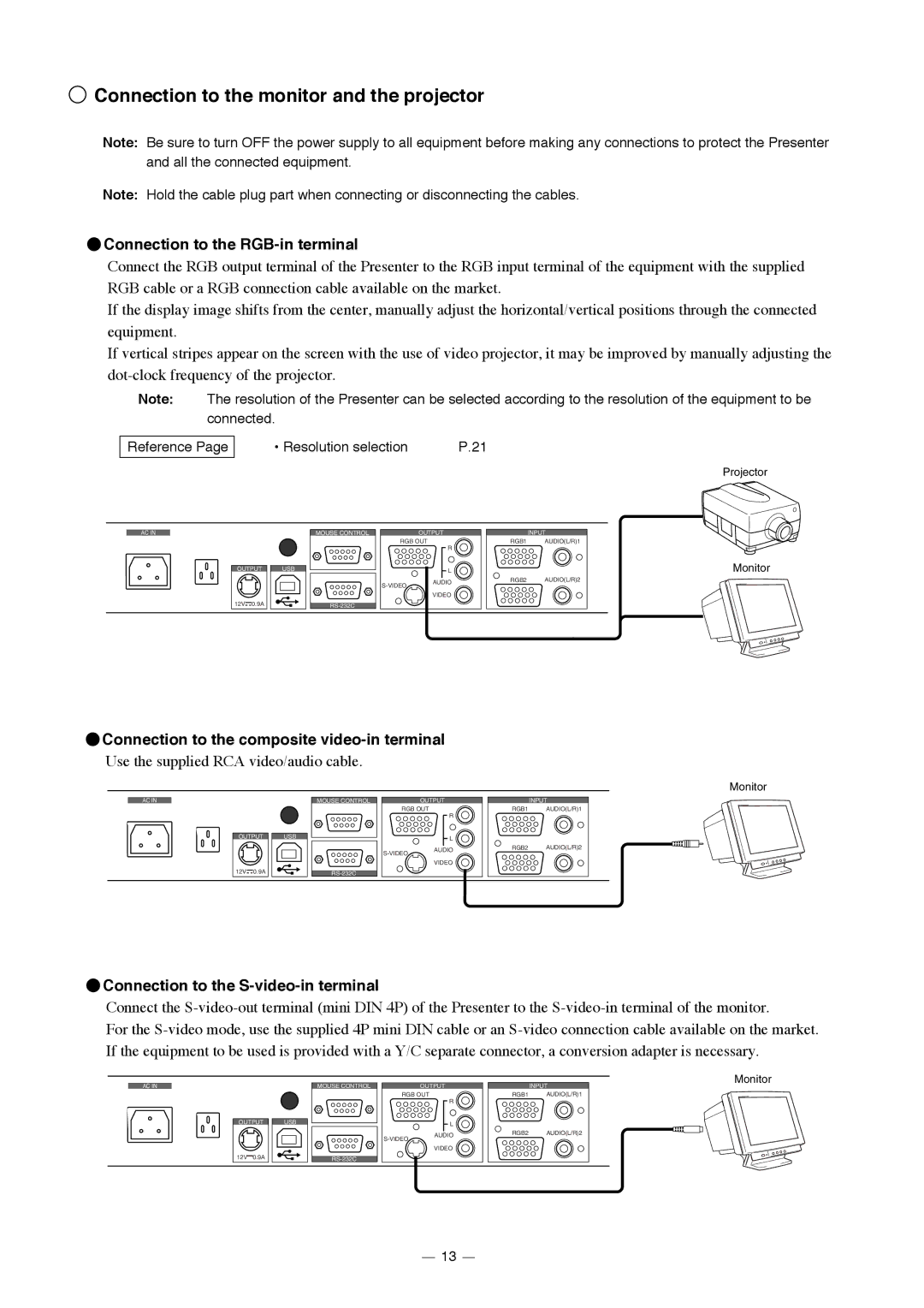 Elmo HV-7000SX instruction manual Connection to the monitor and the projector, Connection to the RGB-in terminal 