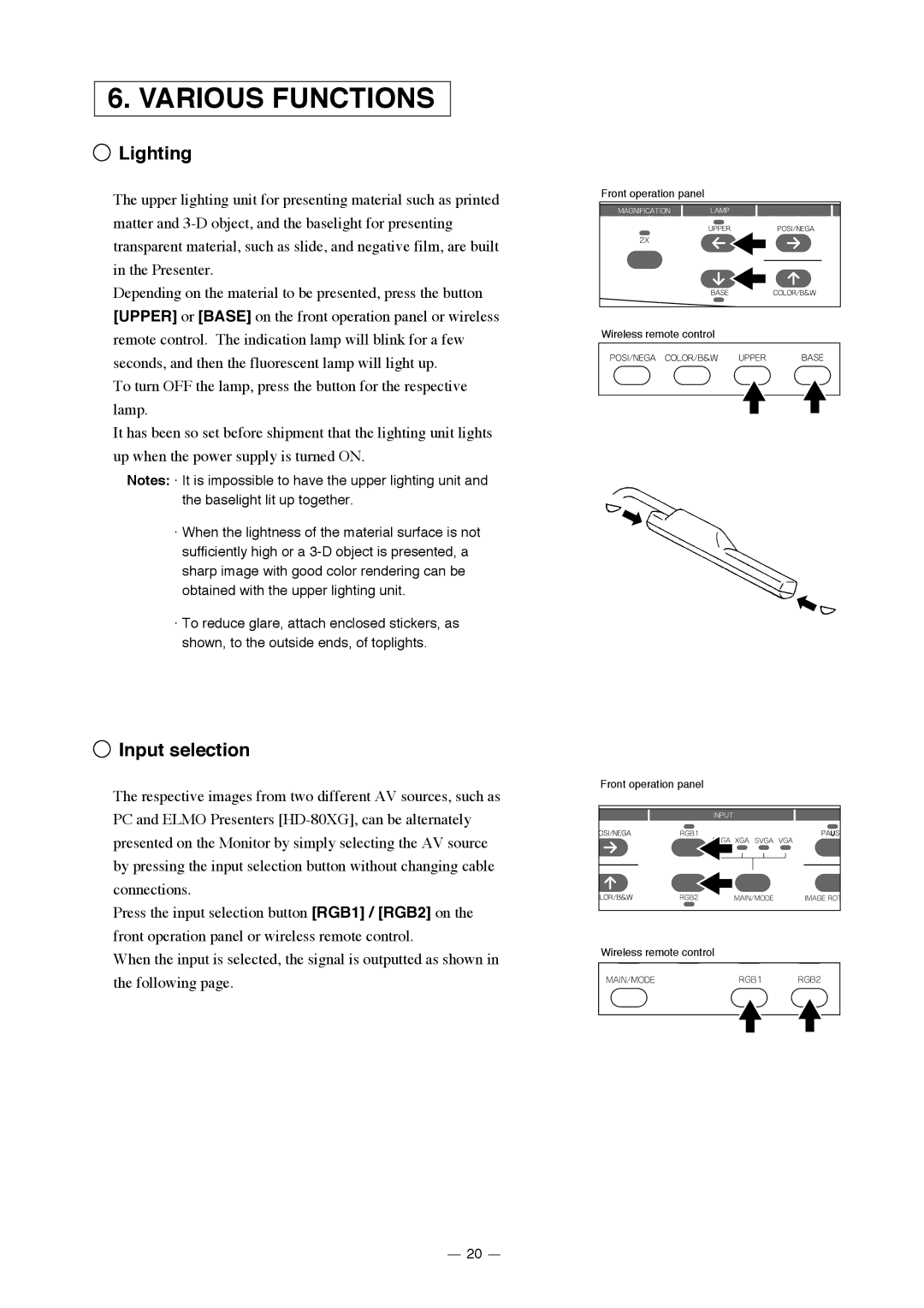 Elmo HV-7000SX instruction manual Various Functions, Lighting, Input selection 