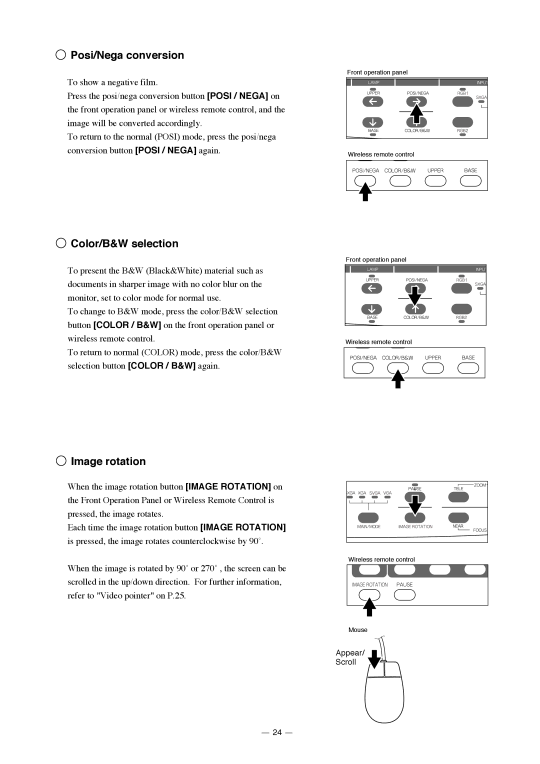 Elmo HV-7000SX instruction manual Posi/Nega conversion, Color/B&W selection, Image rotation, Appear Scroll 