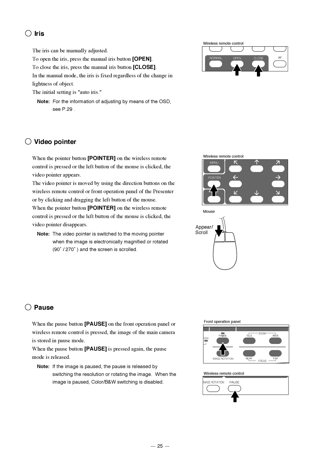 Elmo HV-7000SX instruction manual Iris, Video pointer, Pause, See P.29 