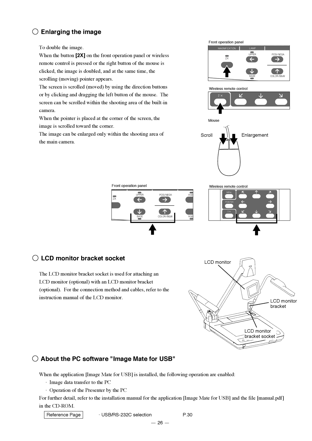 Elmo HV-7000SX Enlarging the image, ScrollEnlargement, LCD monitor LCD monitor bracket LCD monitor bracket socket 