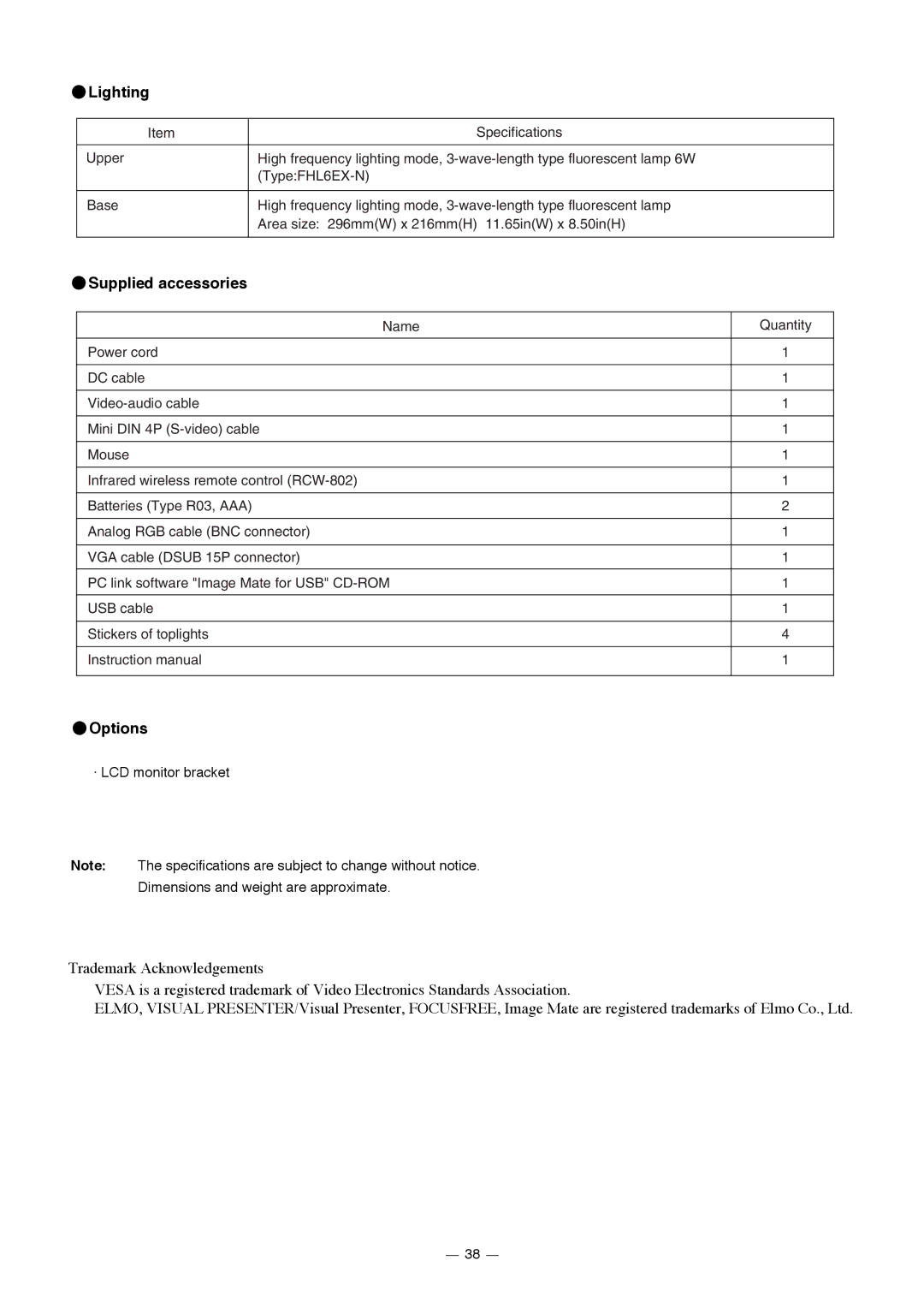 Elmo HV-7000SX instruction manual Lighting, Supplied accessories, Options, Specifications 