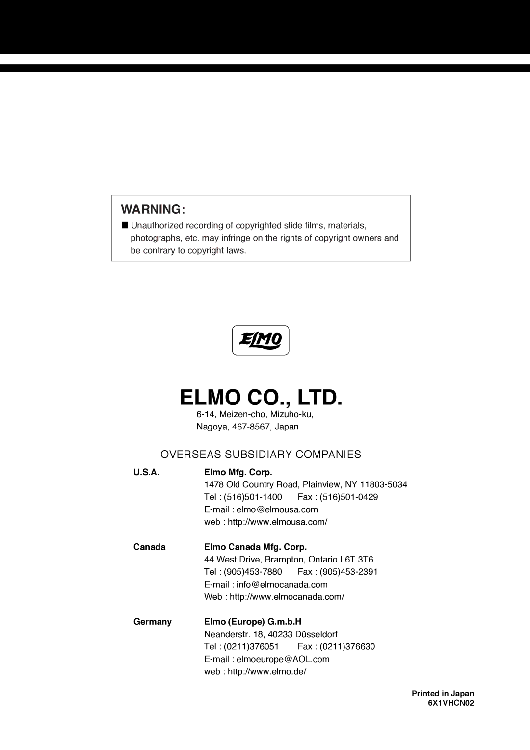 Elmo HV-7000SX instruction manual Elmo Mfg. Corp, Canada Elmo Canada Mfg. Corp, Germany Elmo Europe G.m.b.H 