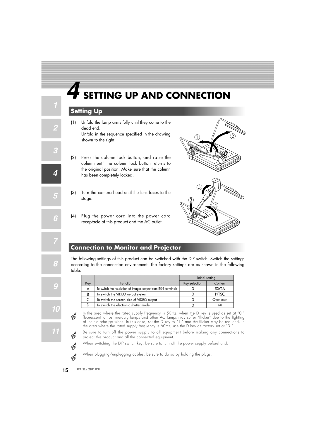 Elmo HV-7100SX instruction manual Setting UP and Connection, Setting Up, Connection to Monitor and Projector 