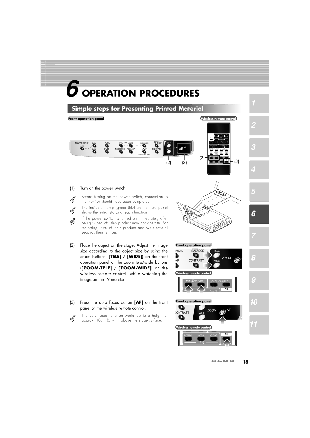 Elmo HV-7100SX Operation Procedures, Simple steps for Presenting Printed Material, Turn on the power switch 