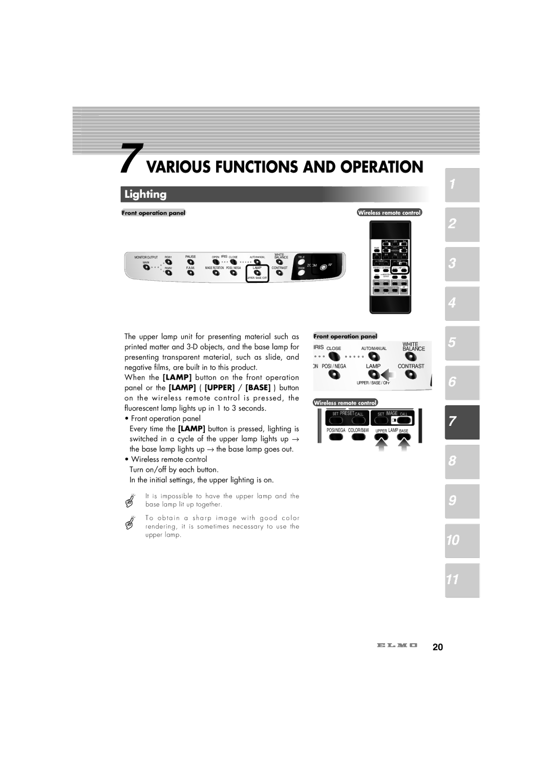 Elmo HV-7100SX instruction manual Various Functions and Operation, Lighting 