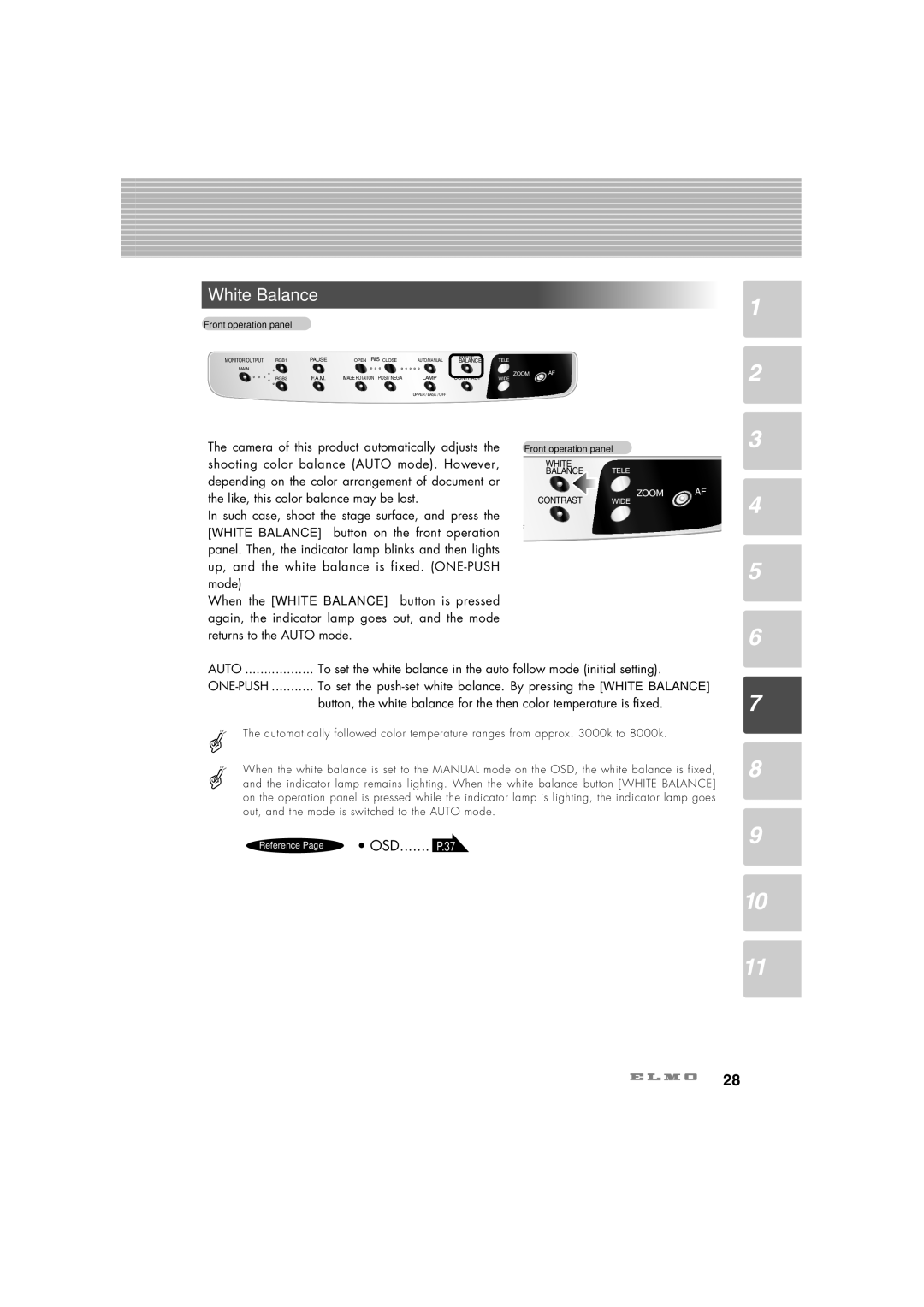 Elmo HV-7100SX instruction manual White Balance, Auto, One-Push 