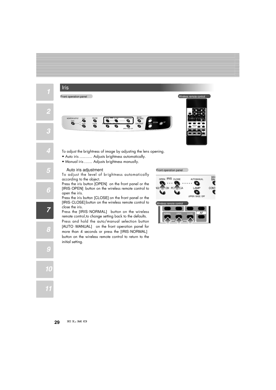 Elmo HV-7100SX instruction manual Iris, Auto iris adjustment 