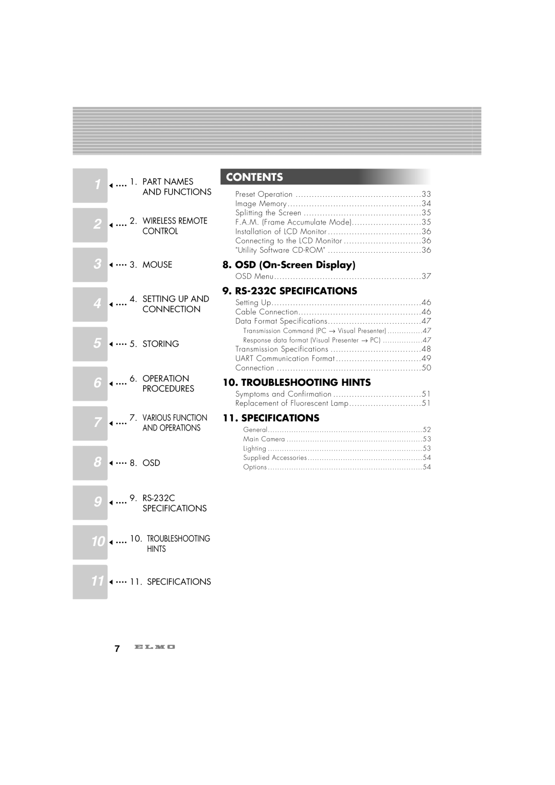 Elmo HV-7100SX instruction manual Operation Procedures Various Function and Operations, OSD Menu 