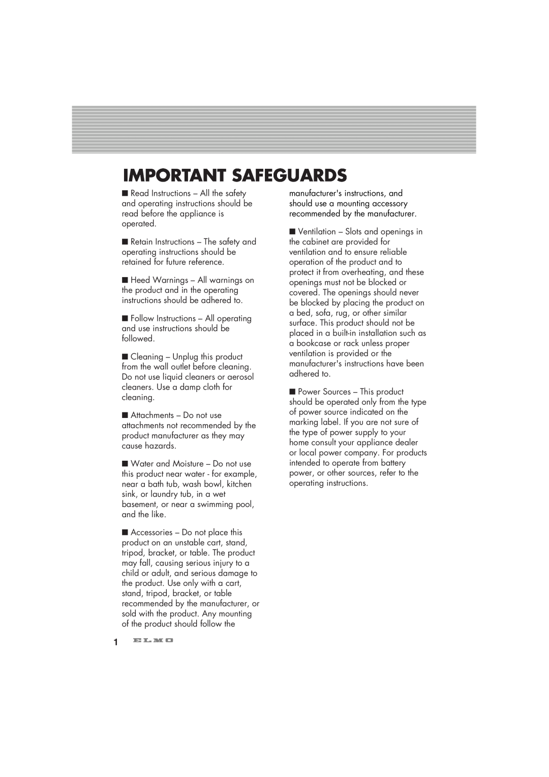 Elmo HV-7100SX instruction manual Important Safeguards 