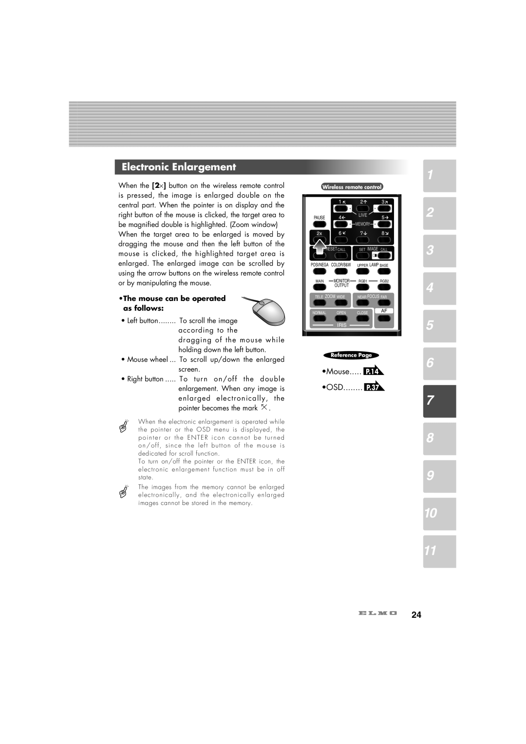 Elmo HV-7100SX Electronic Enlargement, Mouse..... P.14 OSD........ P.37, The mouse can be operated as follows 