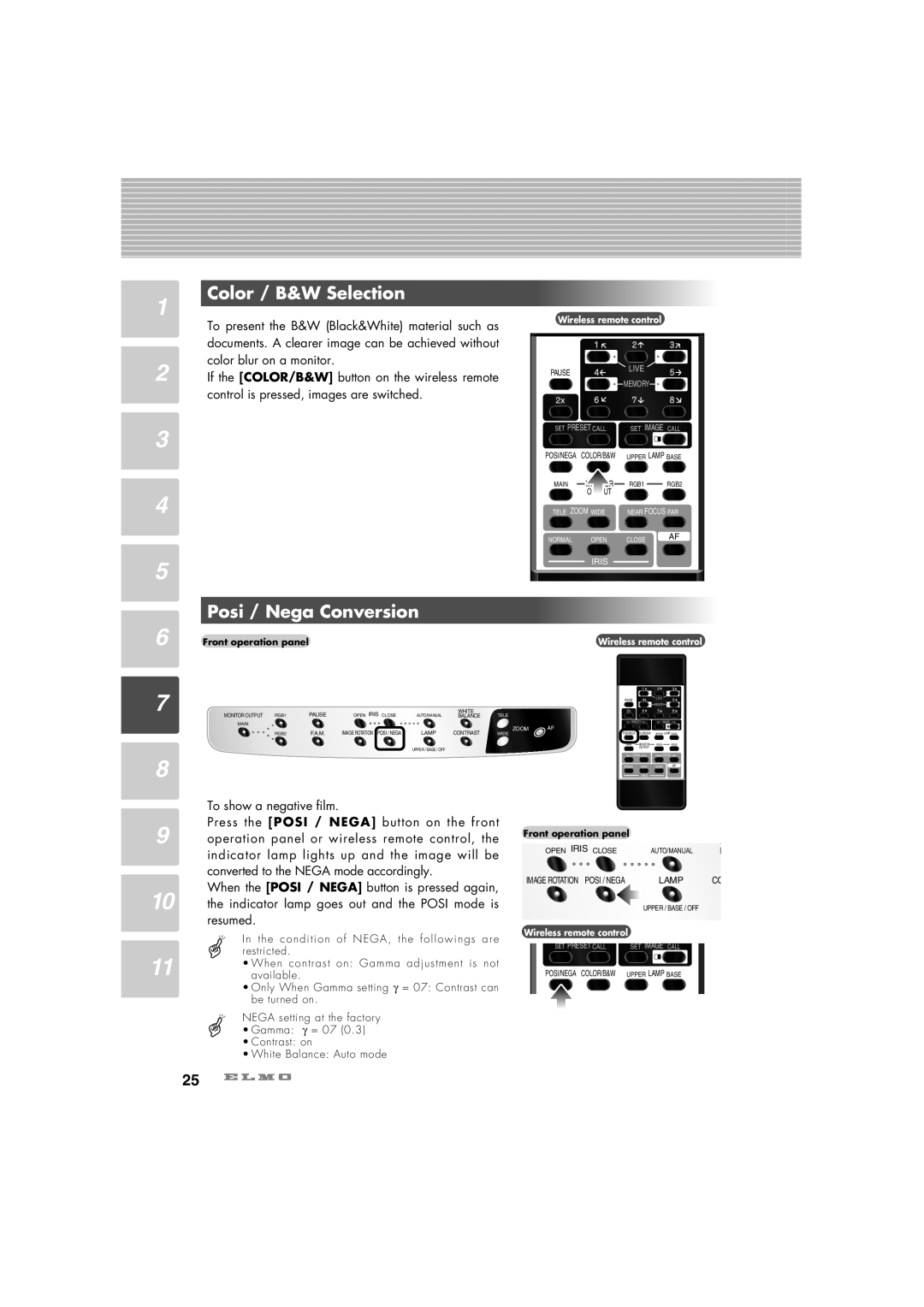 Elmo HV-7100SX instruction manual Color / B&W Selection, Posi / Nega Conversion 