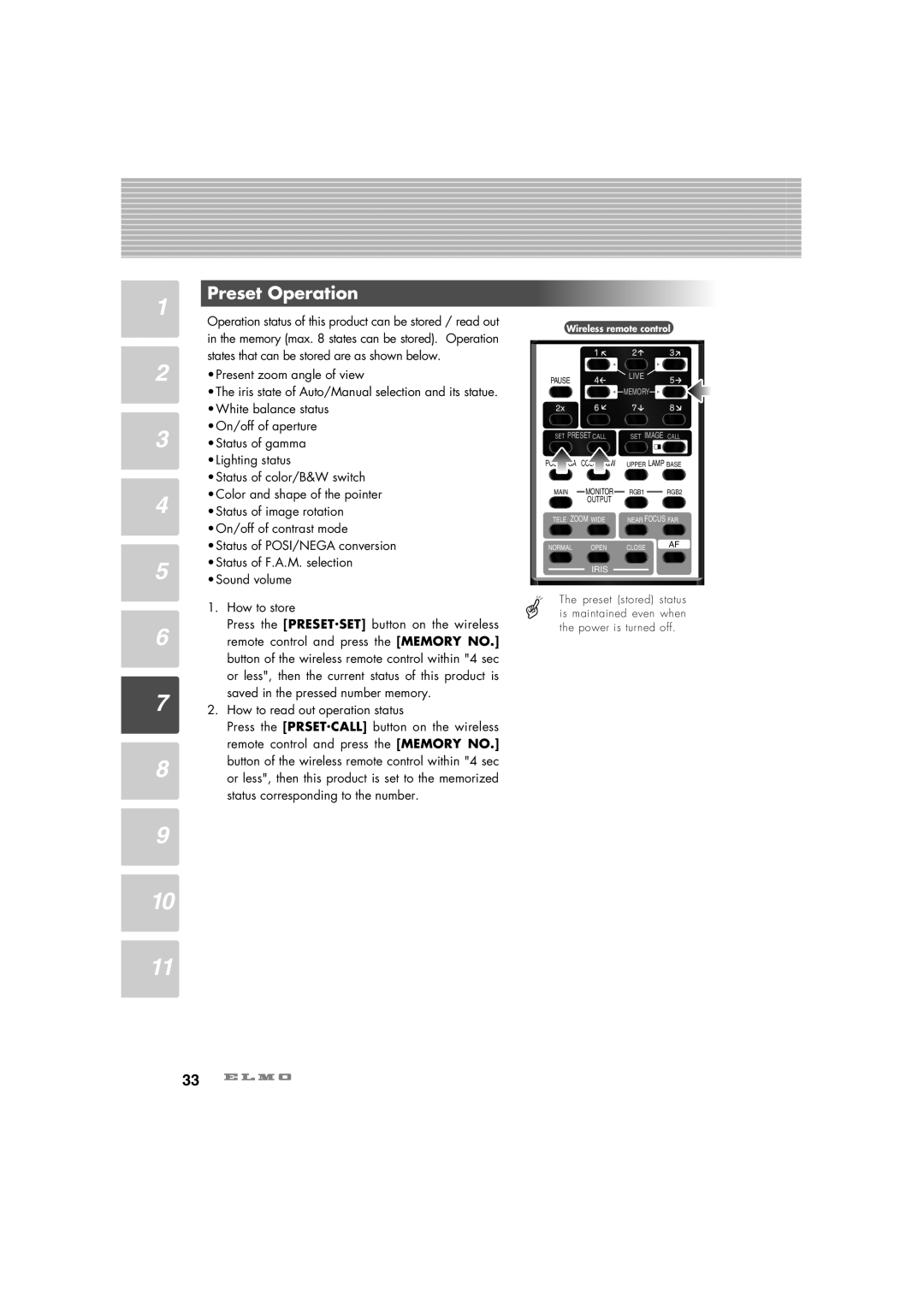 Elmo HV-7100SX instruction manual Preset Operation, Operation status of this product can be stored / read out 