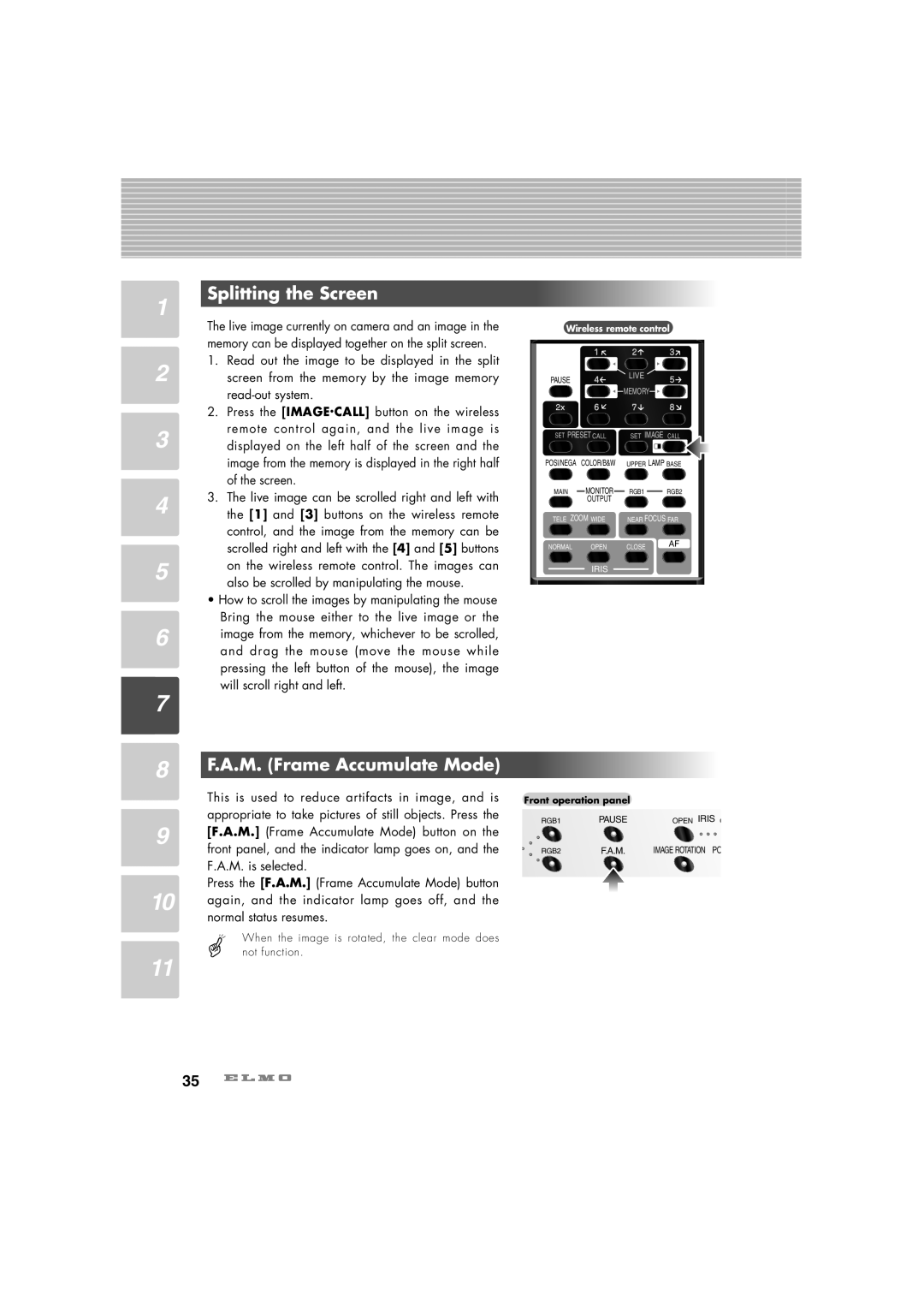 Elmo HV-7100SX instruction manual Splitting the Screen, F.A.M. Frame Accumulate Mode 