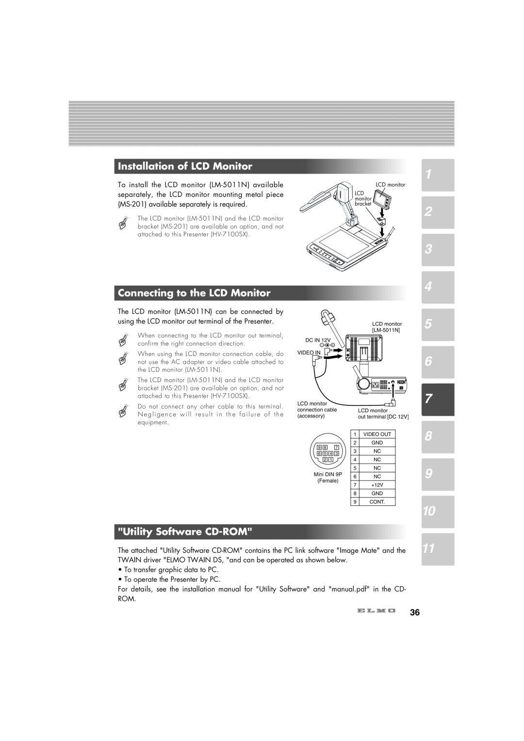 Elmo HV-7100SX instruction manual Installation of LCD Monitor, Connecting to the LCD Monitor, Utility Software CD-ROM 