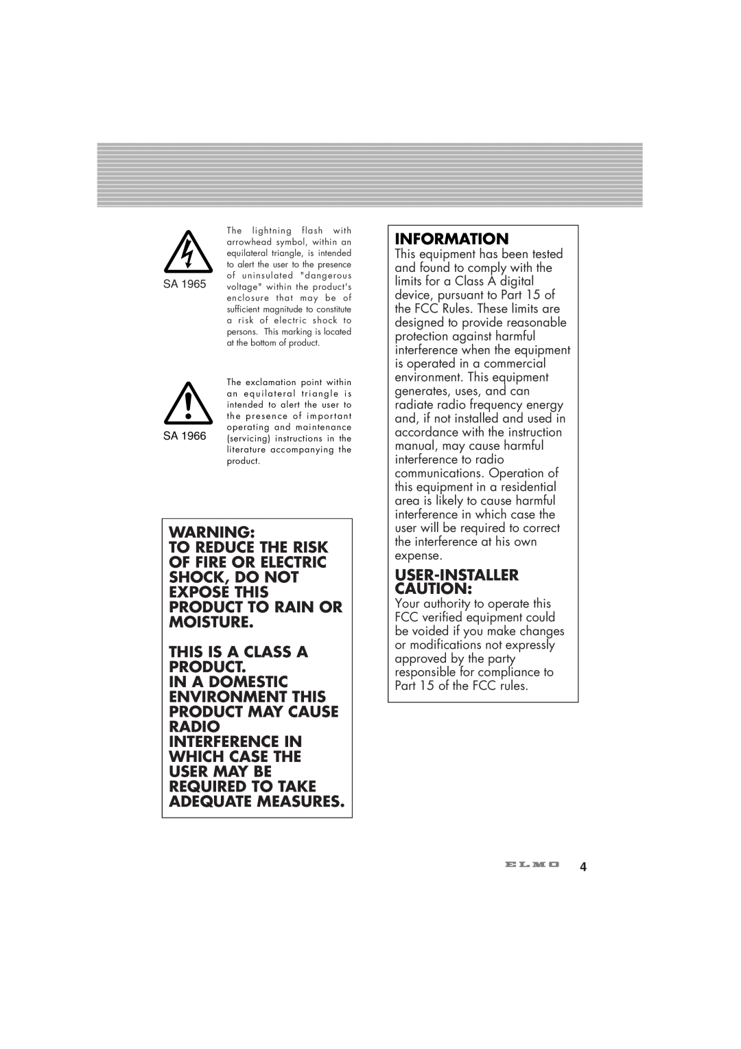 Elmo HV-7100SX instruction manual This Is A Class A Product, Information, User-Installer 
