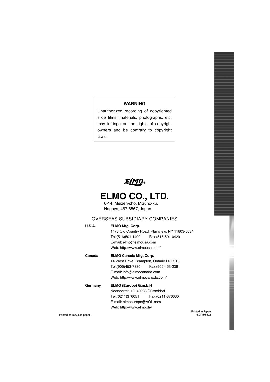Elmo HV-7100SX instruction manual Overseas Subsidiary Companies 
