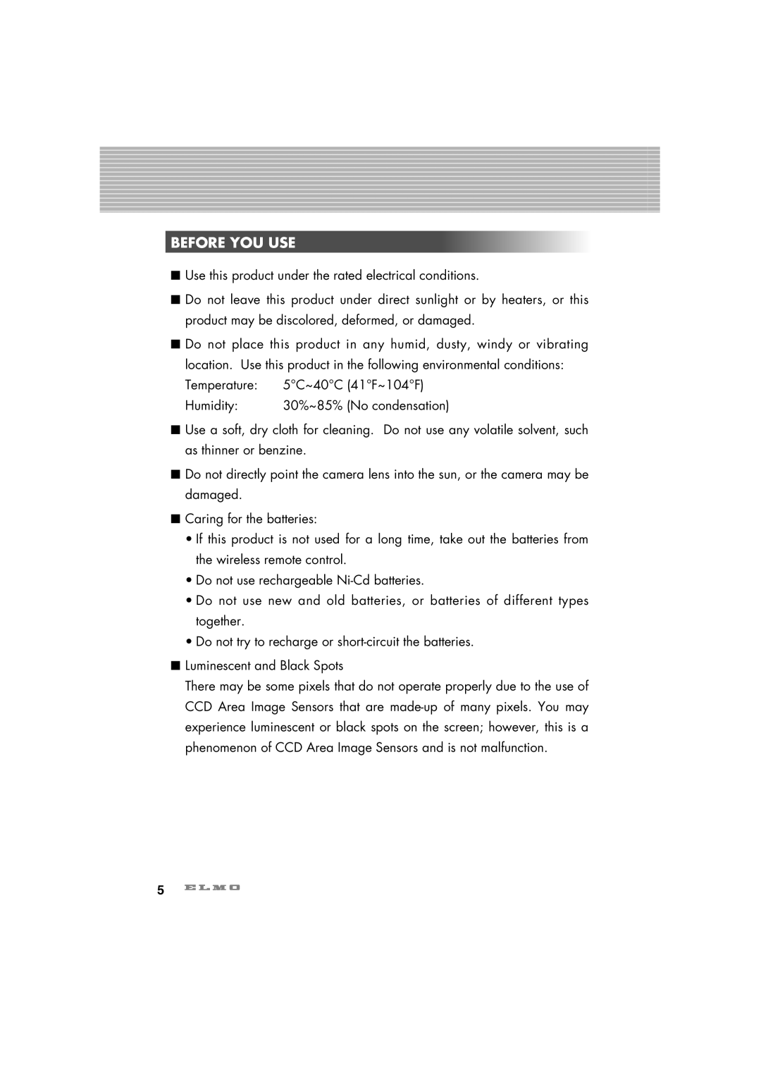 Elmo HV-7100SX instruction manual Before You Use 