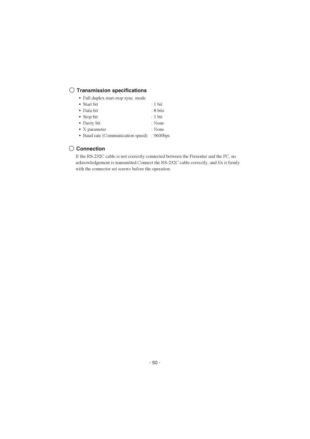 Elmo HV-8000SX instruction manual Transmission specifications, Connection 